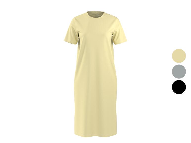 Langes hellgelbes T-Shirt-Kleid mit grauen und schwarzen Farboptionen.