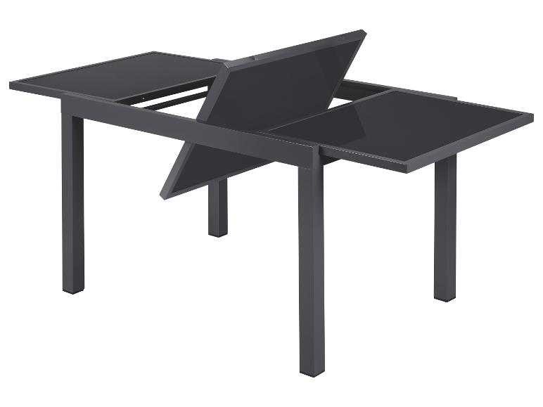 Ausziehbarer Tisch mit Glasplatte, modernes Design.