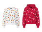 Ein weißer Pullover mit Lebkuchenmann-Print und ein roter Hoodie mit Weihnachtsmann-Print.