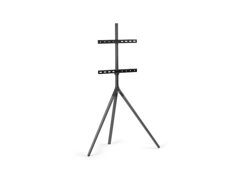 Dunkelgrauer TV-Ständer mit Dreibein-Basis und zwei Montageplatten.