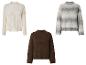 Drei Pullover: ein beiger Zopfmusterpullover, ein einfarbiger brauner und ein gestreifter grauer.