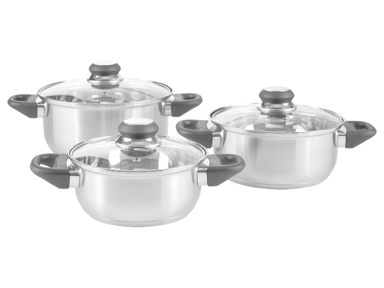 Drei Edelstahl-Töpfe mit Glasdeckeln.
