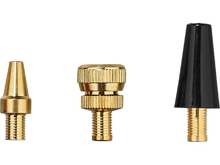 Drei goldene und schwarze Aufblasnadeladapter für Pumpen.