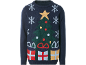 Blauer Kinder-Weihnachtspullover mit Tannenbaum, Schneeflocken und Geschenktaschen