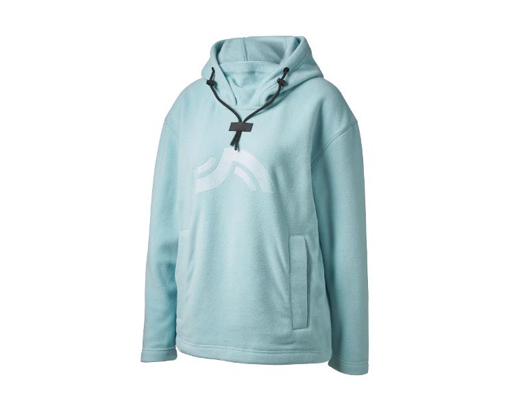 Hellblauer Fleece-Hoodie mit Kapuze und schwarzen Kordeln.