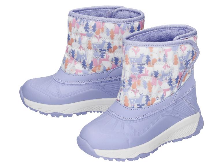 Lila Kinder-Winterstiefel mit Tier- und Baummuster.