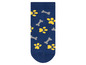 Blaue Socken mit gelben Pfoten- und Knochenmotiven.
