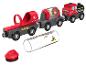 Holzspielzeugeisenbahn mit roten und grauen Waggons, darunter ein Tankwagen und ein Waggon mit bunten Kugeln.