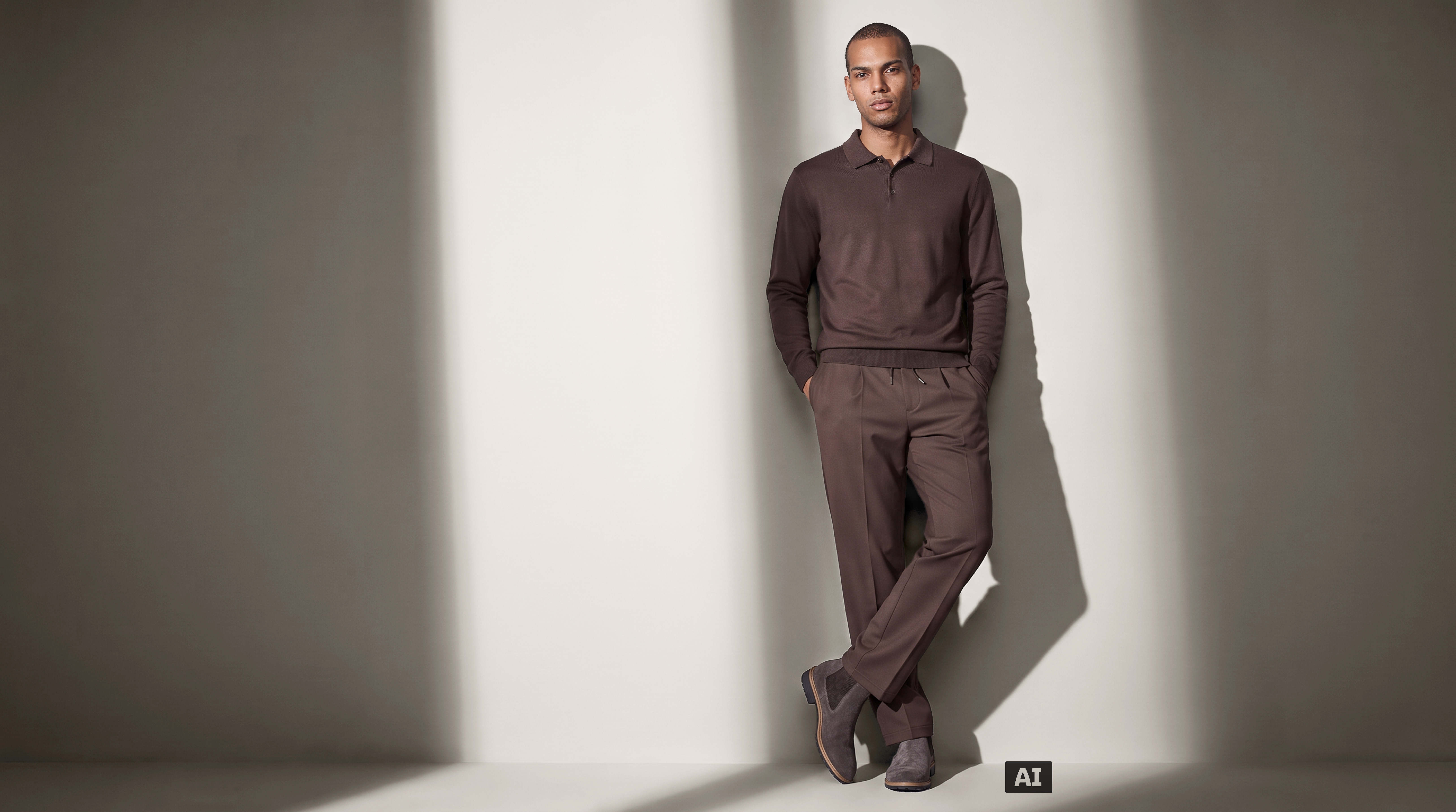 Dieses Bild ist KI-generiert: Ein männliches Model trägt eine Hose mit Wollanteil in der Farbe Braun.