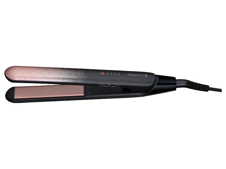 Haarglätter mit glitzerndem Gehäuse und Kupferplatten, von der Seite gesehen.