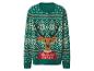 Grüner Weihnachtspullover mit Rentier- und Schneeflockenmuster.