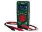 Grünes Digitalmultimeter mit roten und schwarzen Messleitungen, Anzeige 0.000 V.