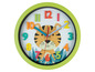 Eine grüne Kinderuhr mit einem Tiger und bunten Zahlen.