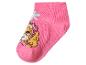 Rosa Kindersocke mit Welpenmotiv und blauer Blume.