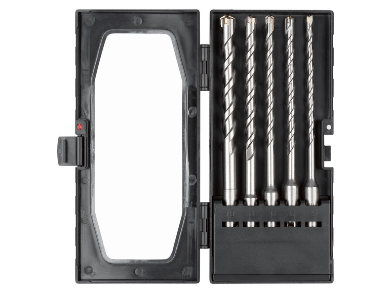 Ein Satz mit fünf Bohrern in einer Plastikbox.