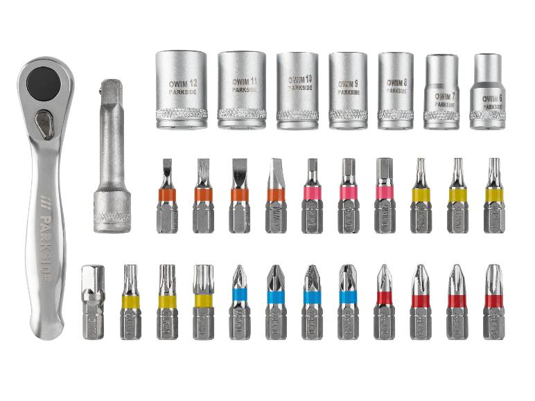 Parkside Steckschlüssel- und Bithalter-Set: Ratsche, Verlängerung und Bits in verschiedenen Größen.
