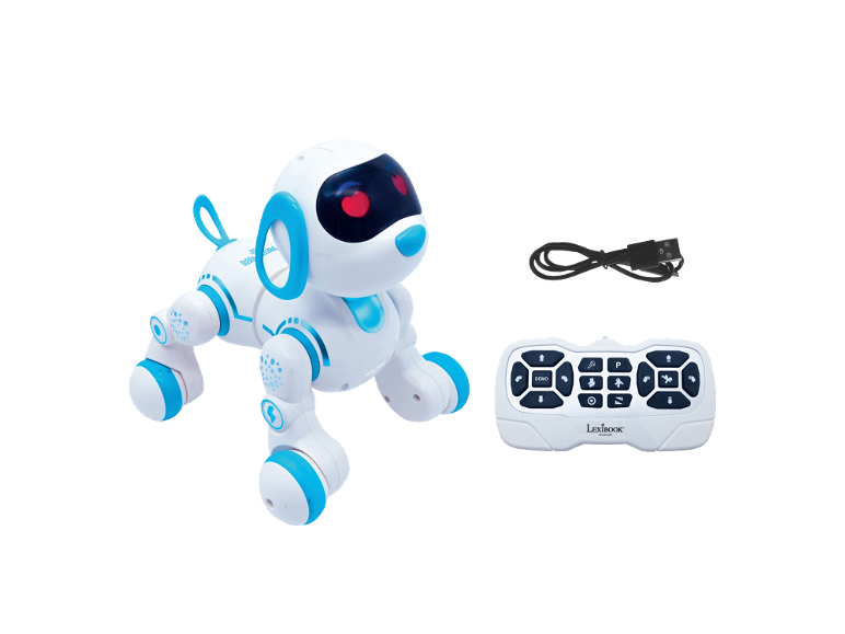 Weißer und blauer Roboterhund mit Fernbedienung und Ladekabel.