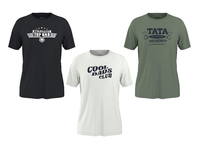 Drei Herren-T-Shirts: schwarz mit „NAJLEPSZY TOP DAD“, weiß mit „COOL DADS CLUB“ und khakigrün mit „TATA TAK WYGLĄDA NIESAMOWITY“.
