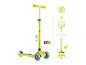 Limettengrüner Roller mit LED-Rädern und verstellbarem Lenker, zeigt Lenk- und Höhenfunktionen.