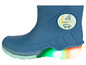 Blaue Gummistiefel mit leuchtenden Sohlen und einem Skateboard-Druck.