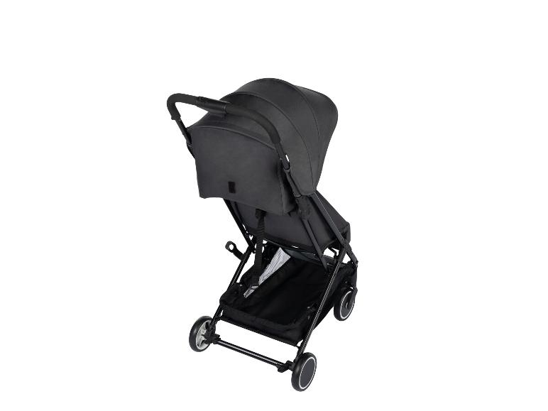 Dunkelgrauer Kinderwagen mit schwarzem Gestell und Rädern, von oben gesehen.