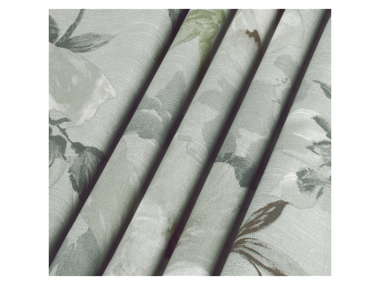 Blumiger Möbelstoff in Grau- und Grüntönen.