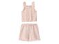 Rosa gestricktes Baby-Set mit Rüschen: Top und Shorts mit Lochmuster.