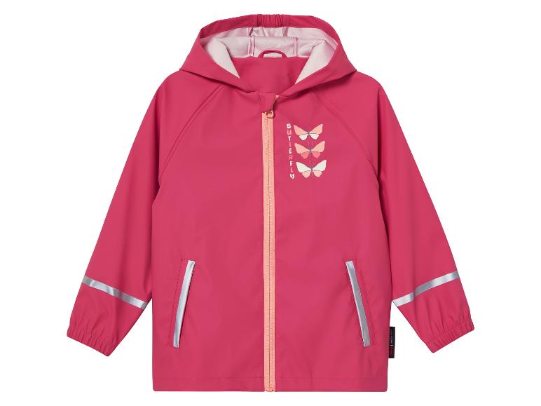 Ein rosa Regenmantel mit Schmetterlingsmotiv und reflektierenden Streifen.