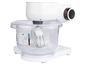 Eine weiße Küchenmaschine mit einer durchsichtigen Schüssel und einem Drehknopf.