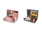 Zwei Miniatur-Puppenhaus-Bausätze in Metalldosen: ein rosa Schlafzimmer und ein grünes Café.