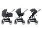 Grauer 3-in-1 Modular-Kinderwagen mit Babywanne, Autositz und Sportsitz.