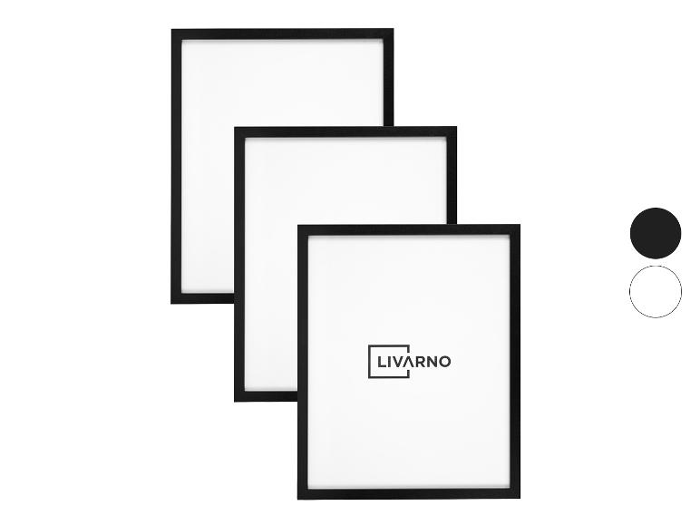 Drei schwarze Bilderrahmen mit LIVARNO-Logo und Farbmustern