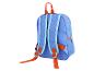 Blauer Kinderrucksack mit orangefarbenen Trägern und Griff, mit Sternen- und Dinosaurier-Mustern