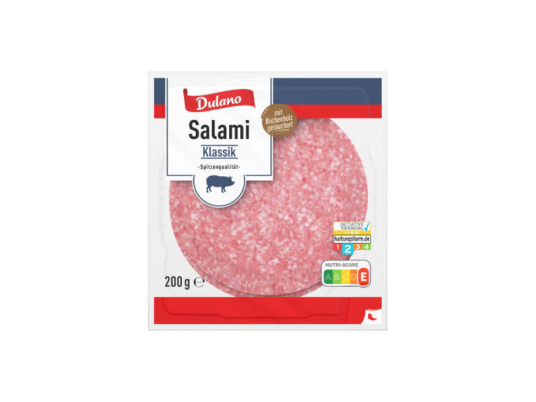 Verpackung von klassischer Salami in Scheiben, mit Buchenholz geräuchert, mit Nutri-Score-Kennzeichnung.