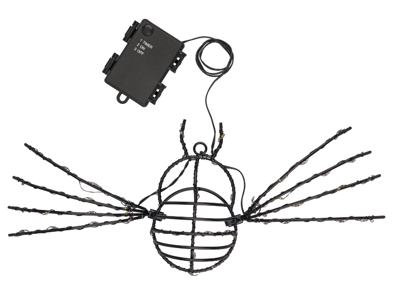 Leuchtende Spinnendekoration mit Batteriefach und Timer-, Ein-/Aus-Funktionen.