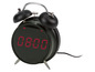 Schwarzer Wecker mit roter digitaler Anzeige und Glocken.