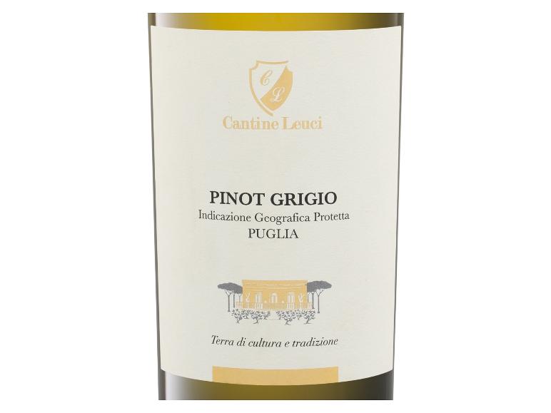 Weißwein mit der Aufschrift „Pinot Grigio“, „Puglia“ und „Terra di cultura e tradizione“.