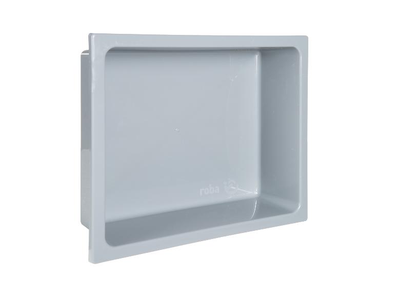 Hellgraue rechteckige Kunststoff-Aufbewahrungsbox mit „roba“-Logo