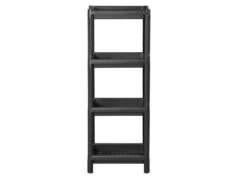 Schwarzes Regal mit drei Ablagen.
