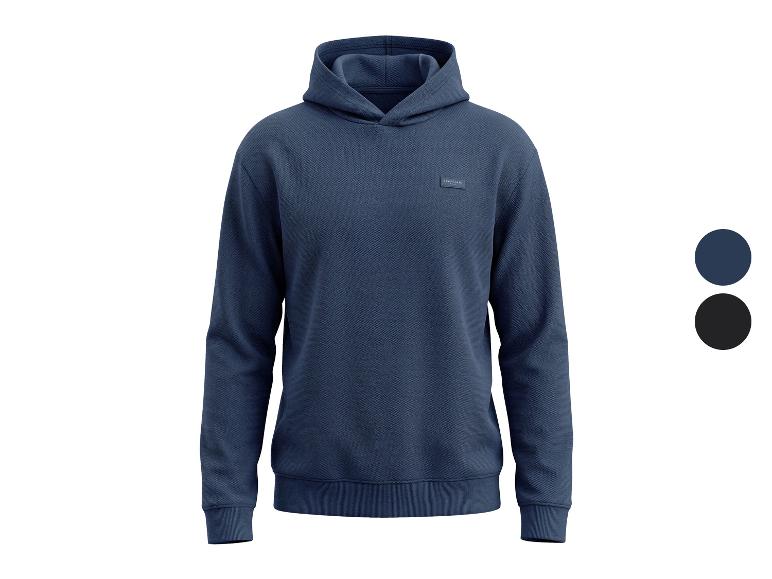 Herren-Kapuzenpullover in Marineblau, mit kleinem Logo auf der Brust und zwei Farboptionen.