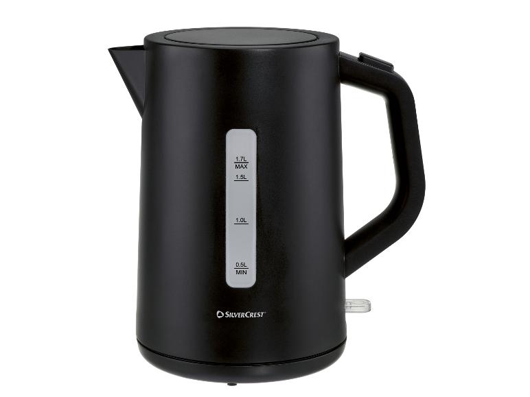 Schwarzer SilverCrest 1,7L Wasserkocher mit Wasserstandsanzeige.