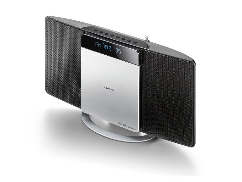 Silbernes Mikro-Stereo-System mit schwarzen Lautsprechern und FM 100.35 Anzeige