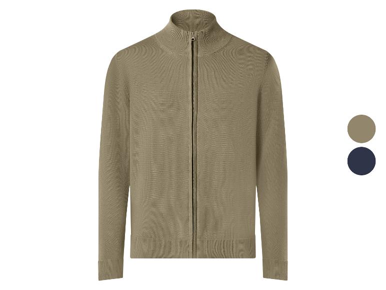 Khakifarbene Strickjacke mit Reißverschluss und Farboptionen in Braun und Marineblau.