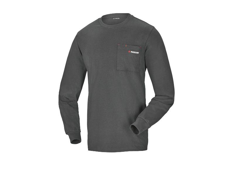 Dunkelgraues Langarmshirt mit Brusttasche und Parkside-Logo.
