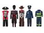 Fünf Kinderkostüme: Pirat, Ninja, Cowboy, Polizist und Feuerwehrmann.