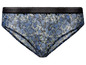 Blaue Unterhose mit Blumenmuster und schwarzem Band.