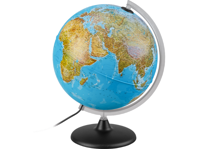 Ein beleuchteter Globus mit Standfuß und Netzkabel.