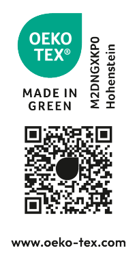 OEKO-TEX MADE IN GREEN M2DNGXKP0 Hohenstein Siegel mit QR-Code und www.oeko-tex.com