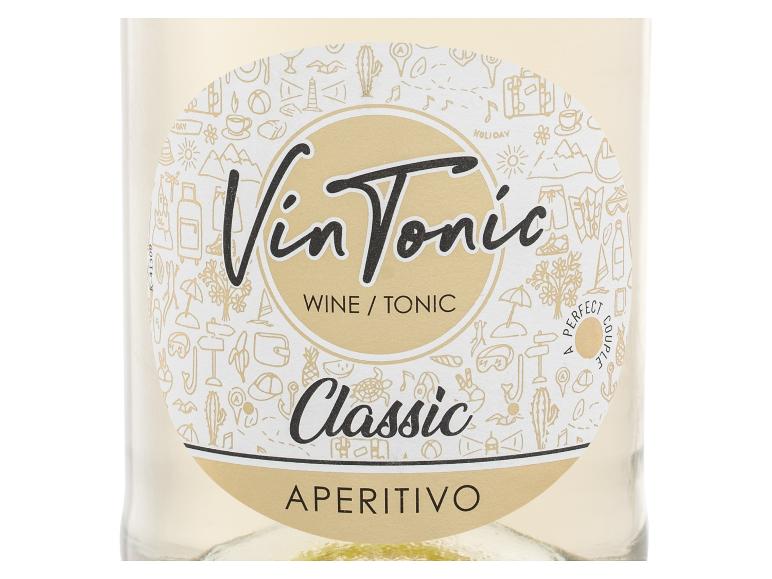 Flasche Weißwein-Tonic-Aperitif mit einem Reise-Themenetikett.