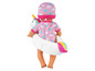 Eine Babypuppe mit einem rosafarbenen Badeanzug und einem Einhorn-Schwimmring.